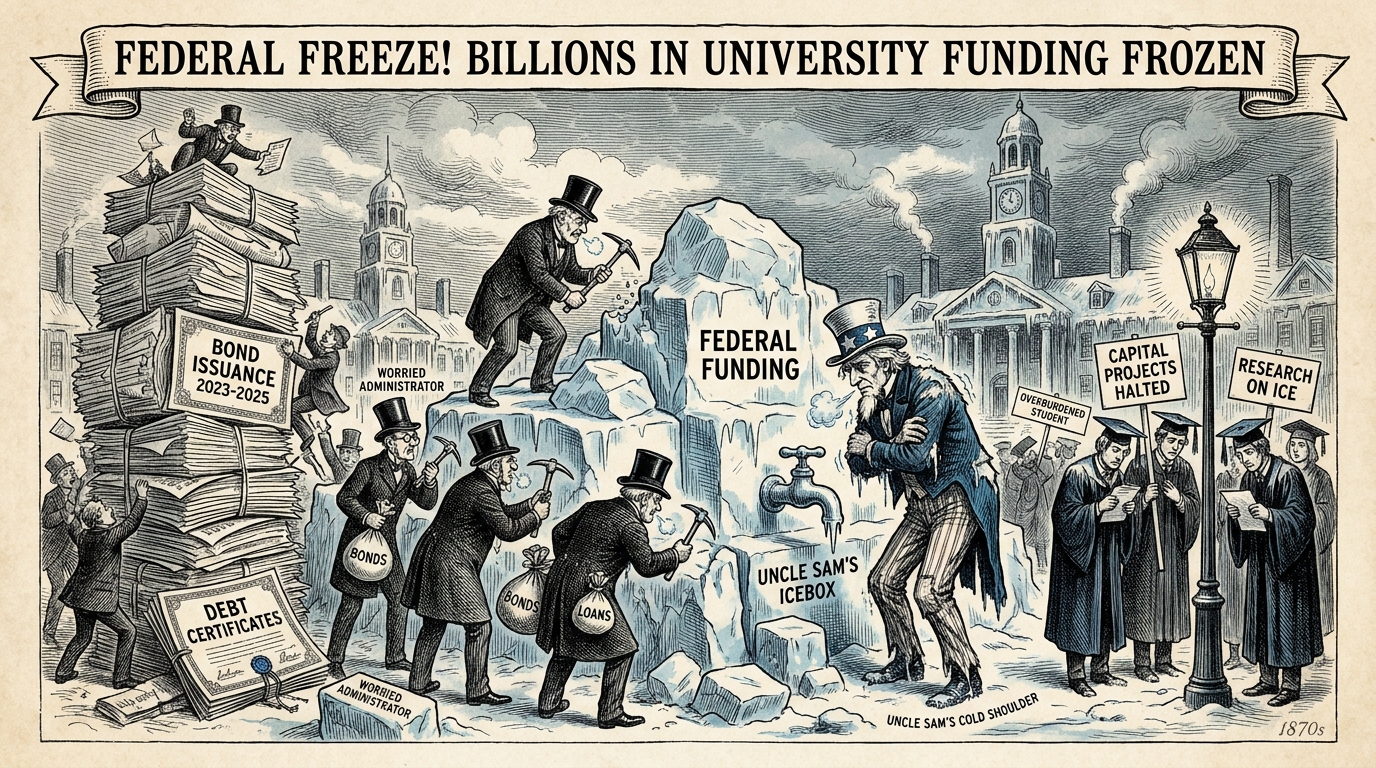 FEDERAL FREEZE! Billions in University Funding Frozen - MuniBonds.ai editorial illustration