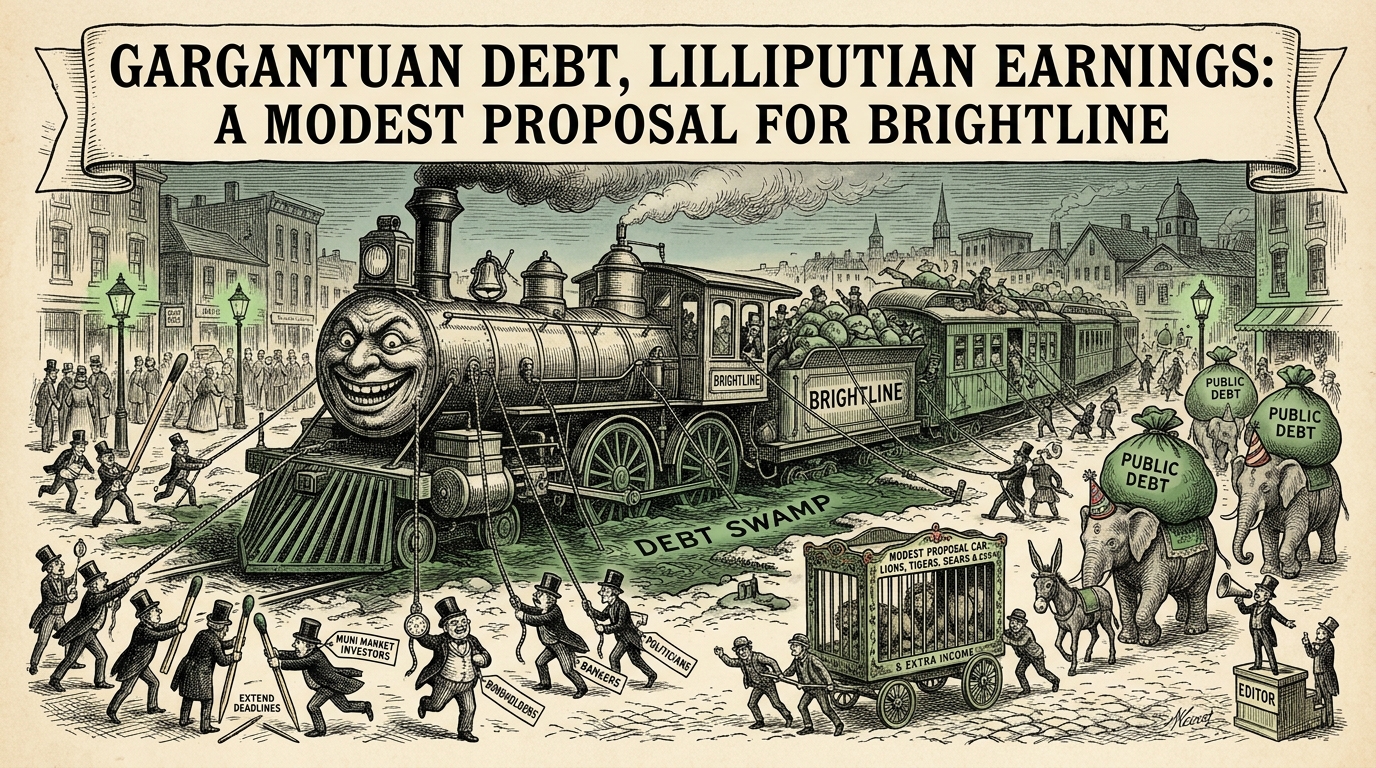 Gargantuan Debt, Lilliputian Earnings: A Modest Proposal for Brightline - MuniBonds.ai editorial illustration