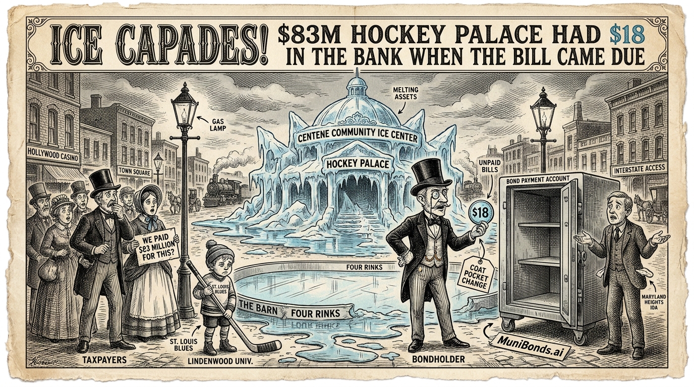 ICE CAPADES! $83M Hockey Palace Had $18 in the Bank When the Bill Came Due - MuniBonds.ai editorial illustration