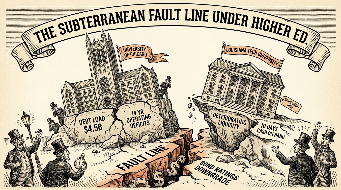 The Subterranean Fault Line Under Higher Ed - MuniBonds.ai editorial illustration