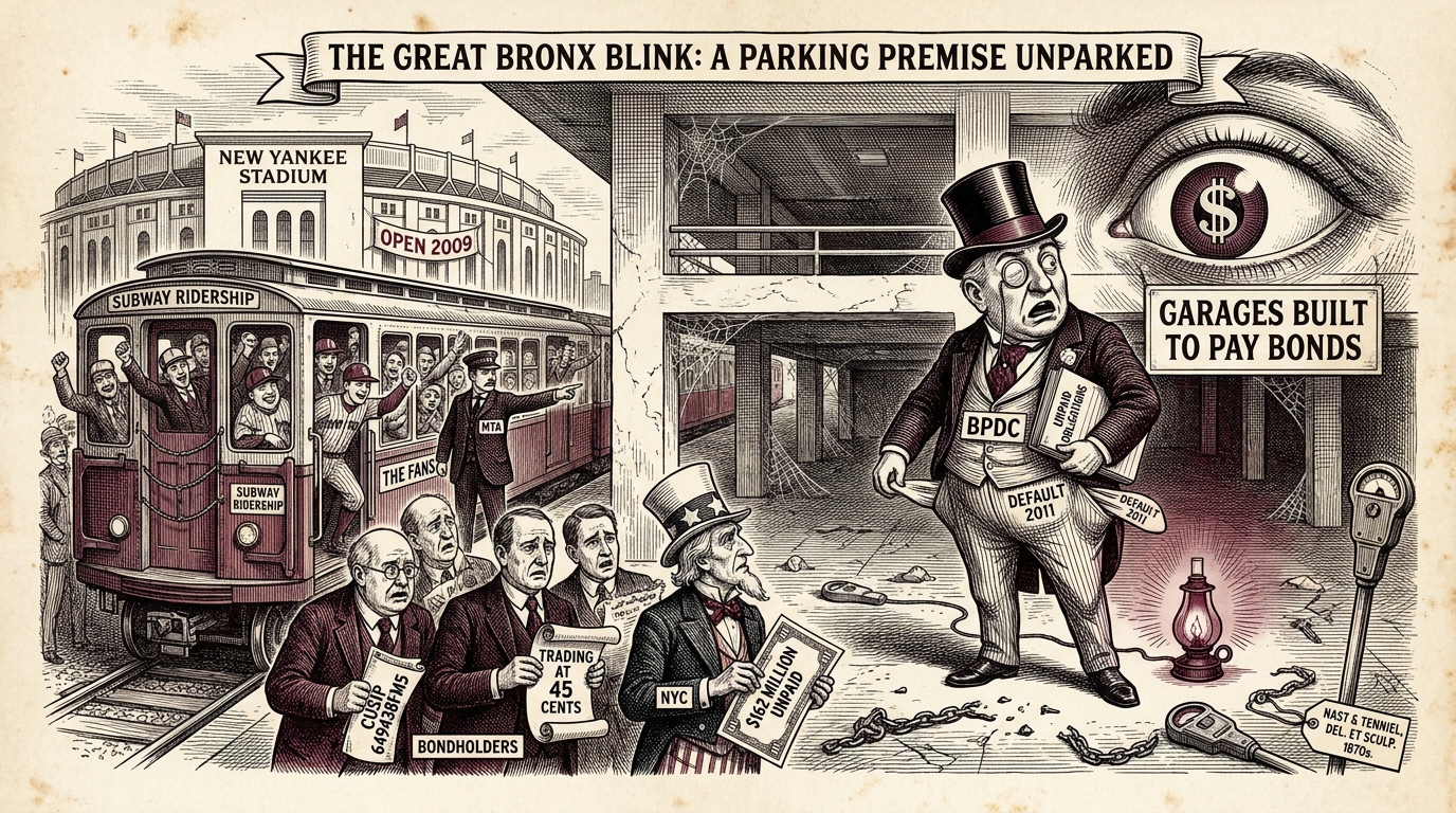 The Bronx Blinked: BPDC parking-revenue bonds default after Yankee Stadium fans take the subway - MuniBonds.ai editorial illustration